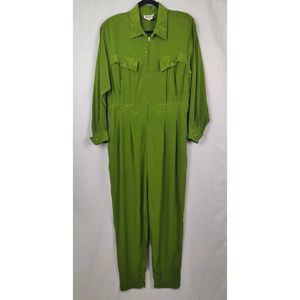 Vintage 80s Stefano Studio 100% Silk Army Green Long Sleeve Jumpsuit Womens M